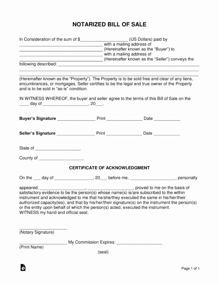 Equipment Bill Of Sale Template Beautiful Editable Free Notarized Bill Sale form Word Pdf Eforms