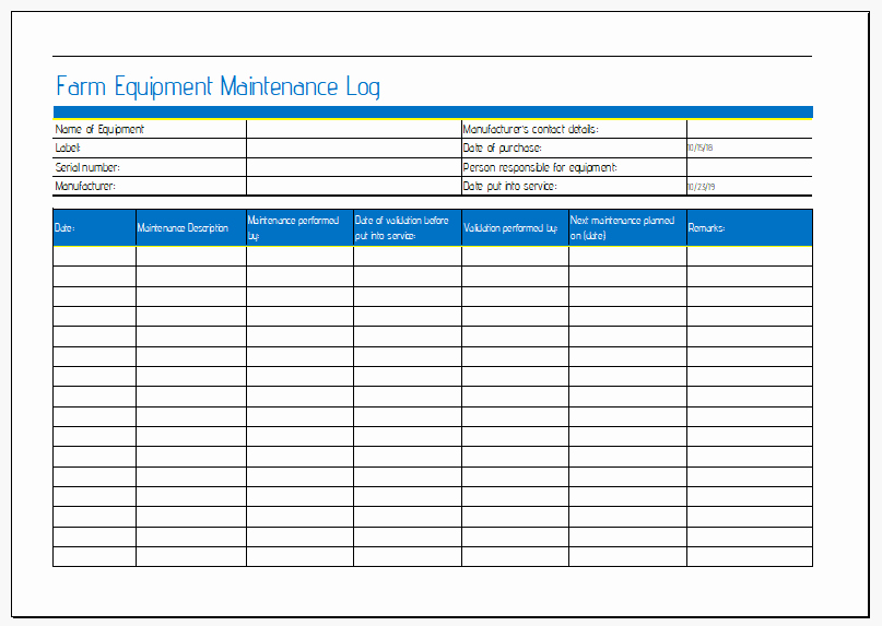 Equipment Maintenance Log Template Excel Fresh Farm Equipment Maintenance Sheet for Ms Excel