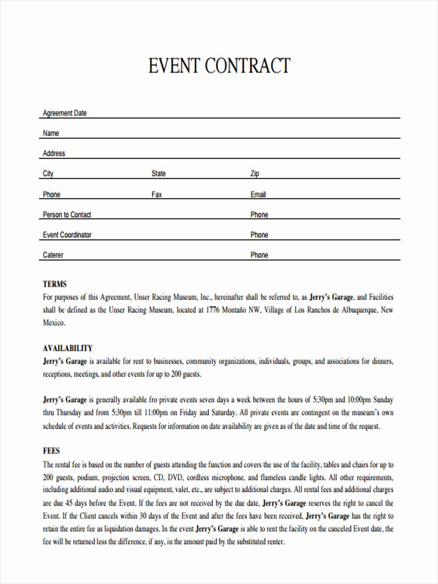Event Planner Contract Template Awesome Free 8 event Agreement forms In Sample Example format