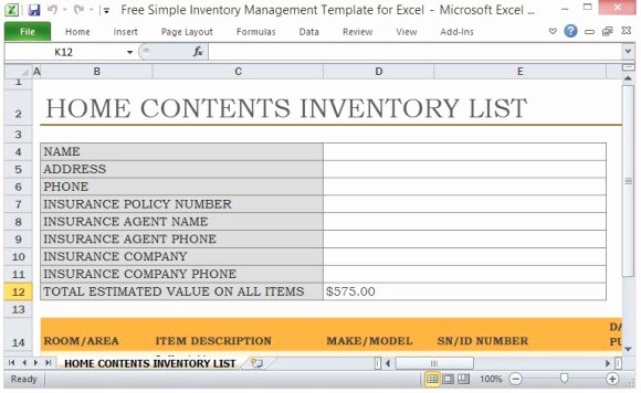 Excel Table Of Contents Template Beautiful Free Simple Inventory Management Template for Excel