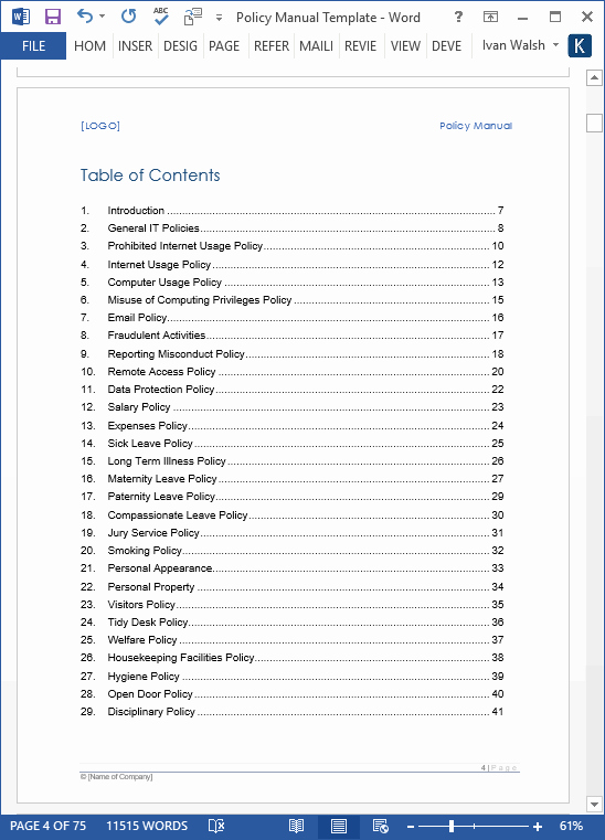 Excel Table Of Contents Template Elegant Policy Manual Template Ms Word Excel – Templates forms