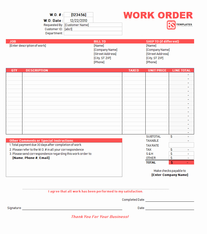 Excel Work order Template Elegant Work order