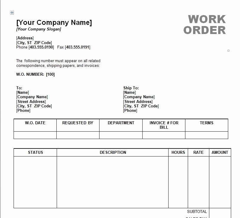Excel Work order Template Inspirational Work order Template Word