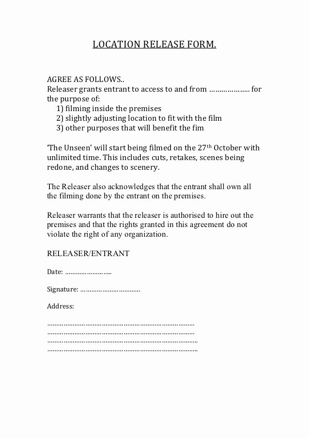 Film Release form Template Best Of Location Release form