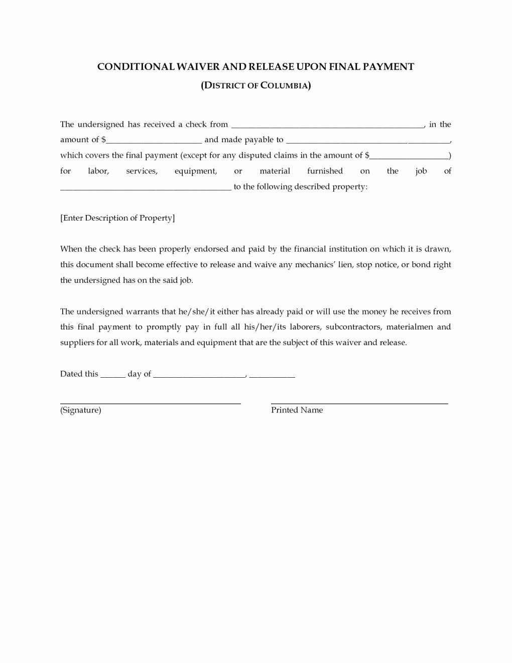 Final Lien Waiver Template Awesome Subcontractor Lien Waiver form