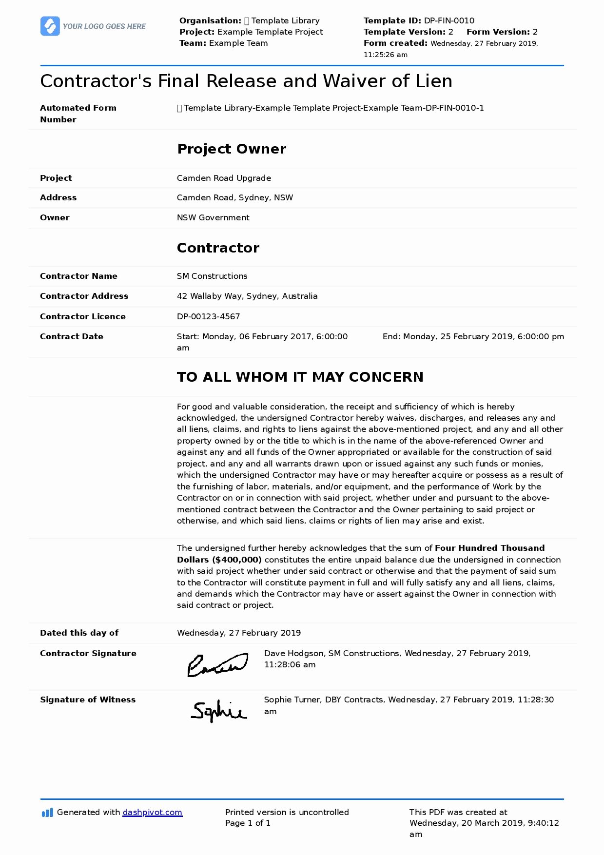 Final Lien Waiver Template Beautiful Construction Lien Waiver form Free form Sample and Template