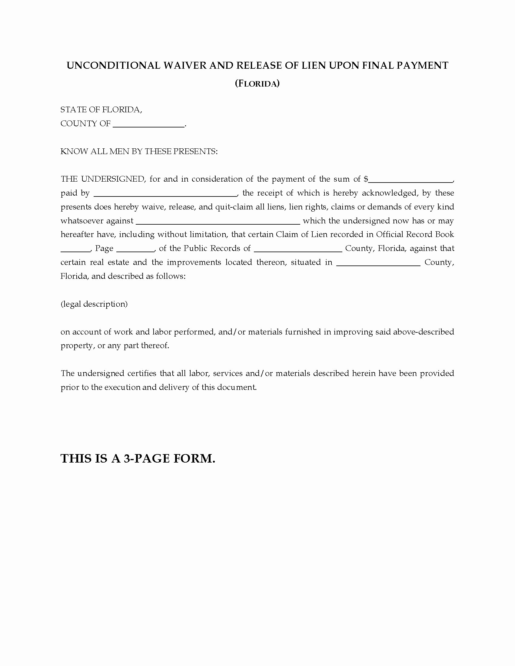 Final Lien Waiver Template Beautiful Florida Unconditional Waiver and Release Of Lien Final