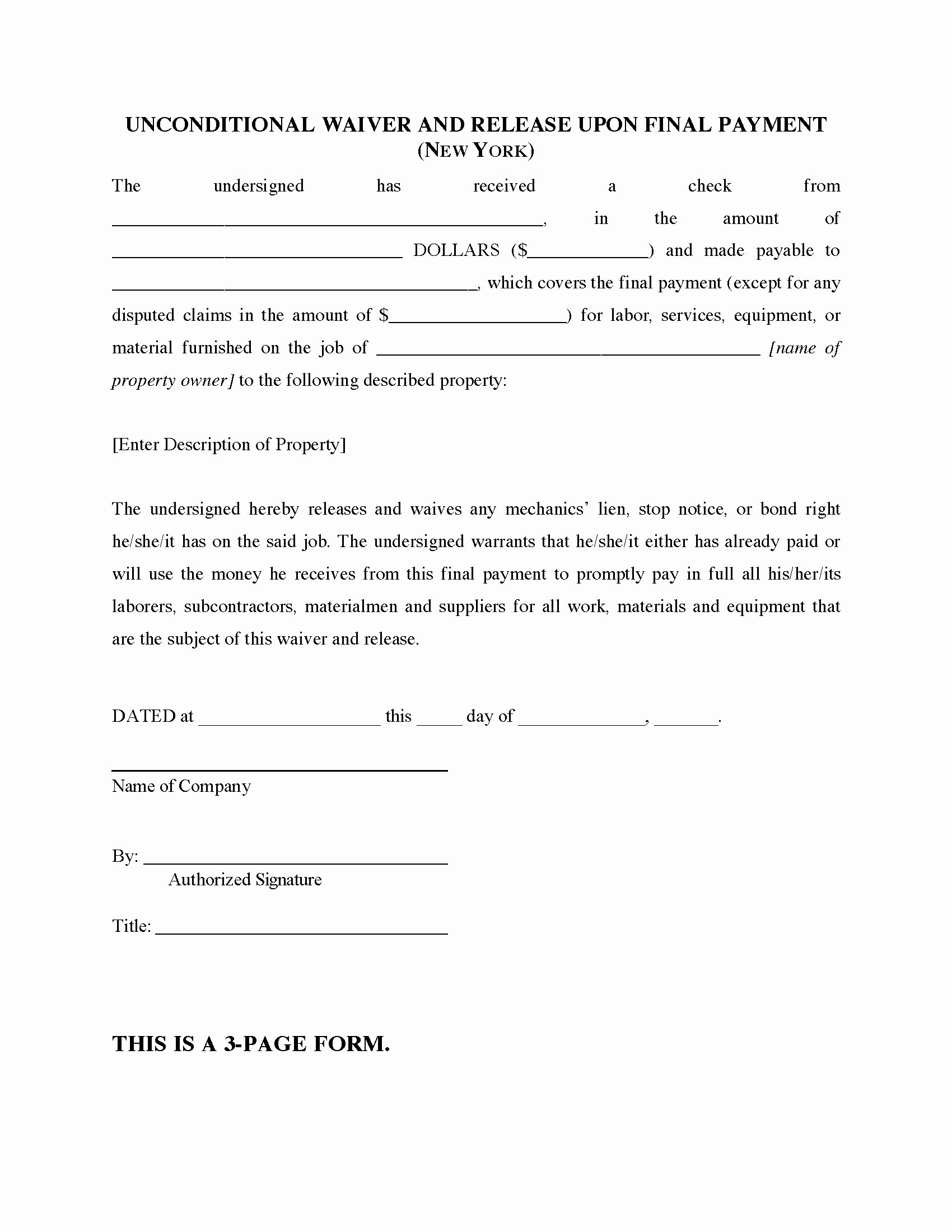 Final Lien Waiver Template Fresh New York Unconditional Waiver and Release Of Lien Upon