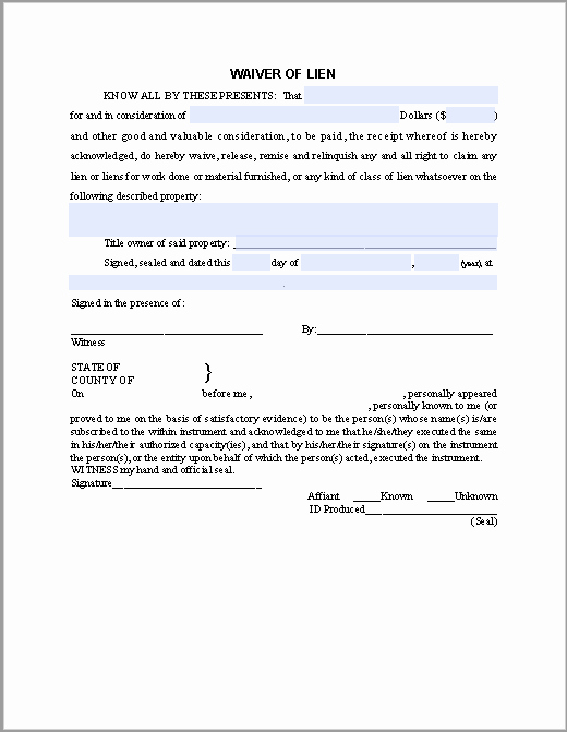 Final Lien Waiver Template Inspirational Waiver Of Lien Certificate Template Free Fillable Pdf