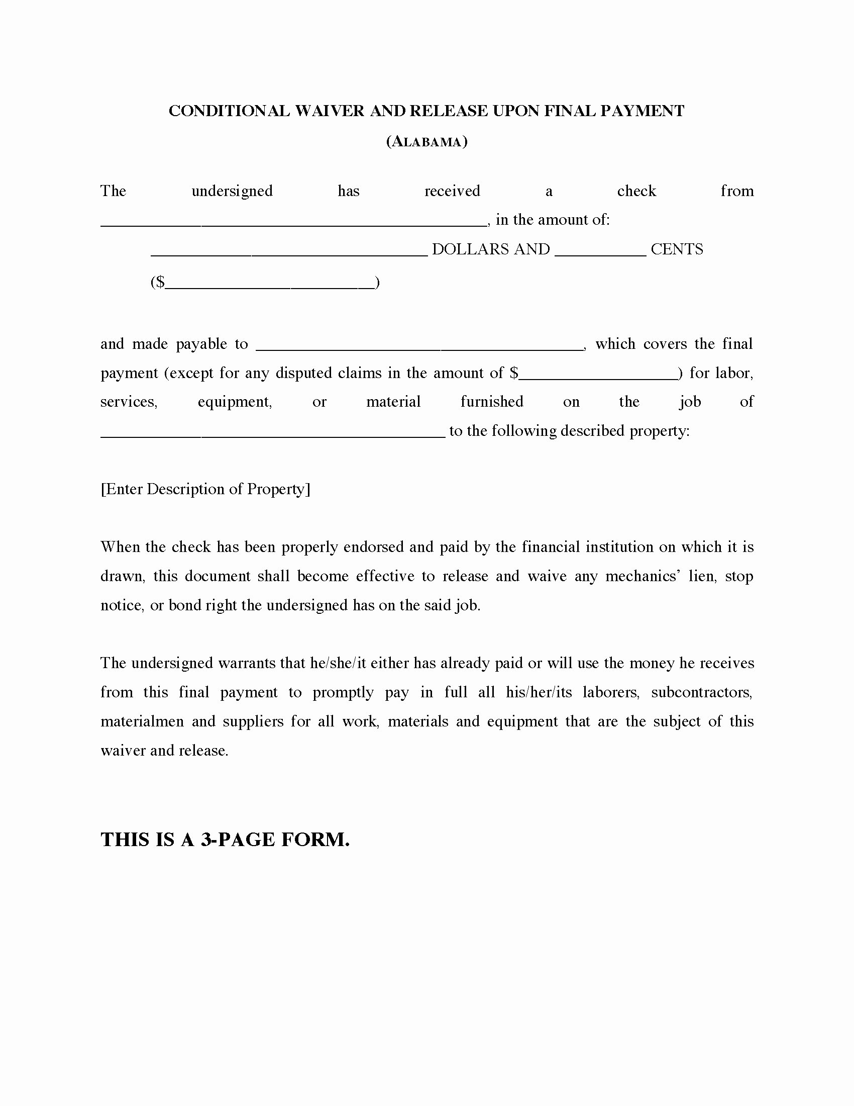 Final Lien Waiver Template Lovely Alabama Conditional Waiver and Release Of Lien Upon Final