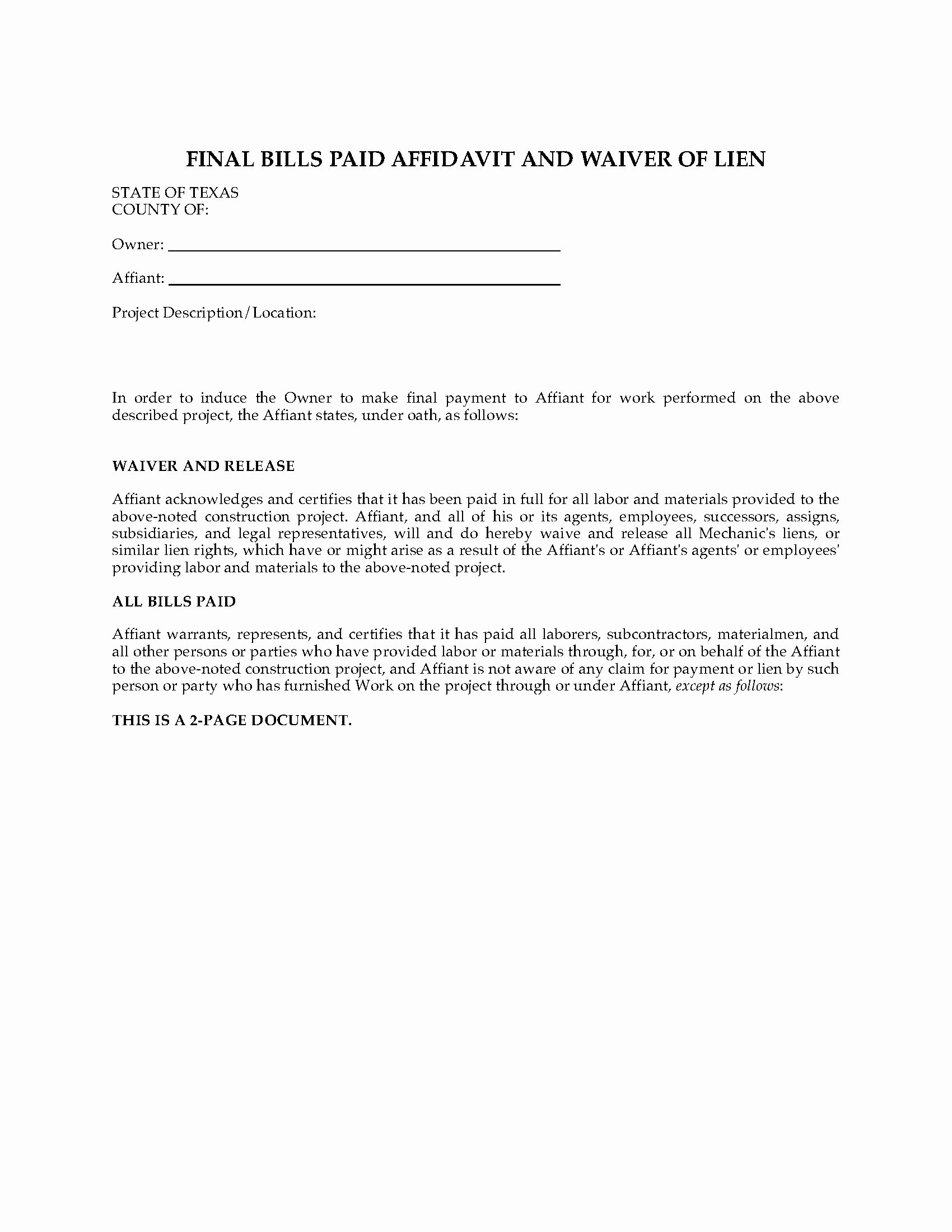 Final Lien Waiver Template Lovely Texas Final Bills Paid Affidavit and Waiver Of Lien