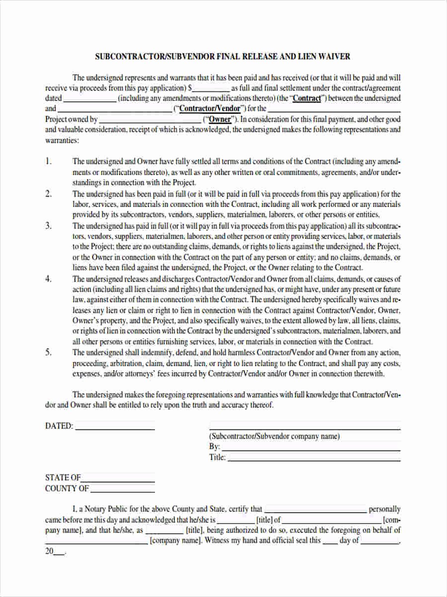 Final Lien Waiver Template Luxury 7 Lien Waiver forms Free Sample Example format Download
