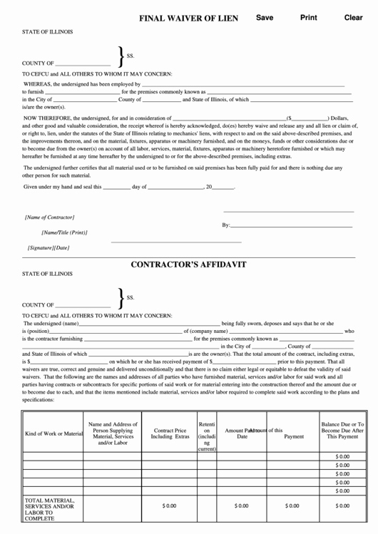 Final Lien Waiver Template Luxury Fillable Final Waiver Lien form State Illinois