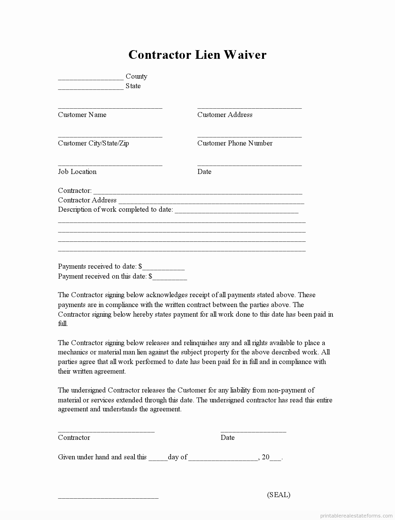 Final Lien Waiver Template Luxury Sample Printable Contractor Lien Waiver form