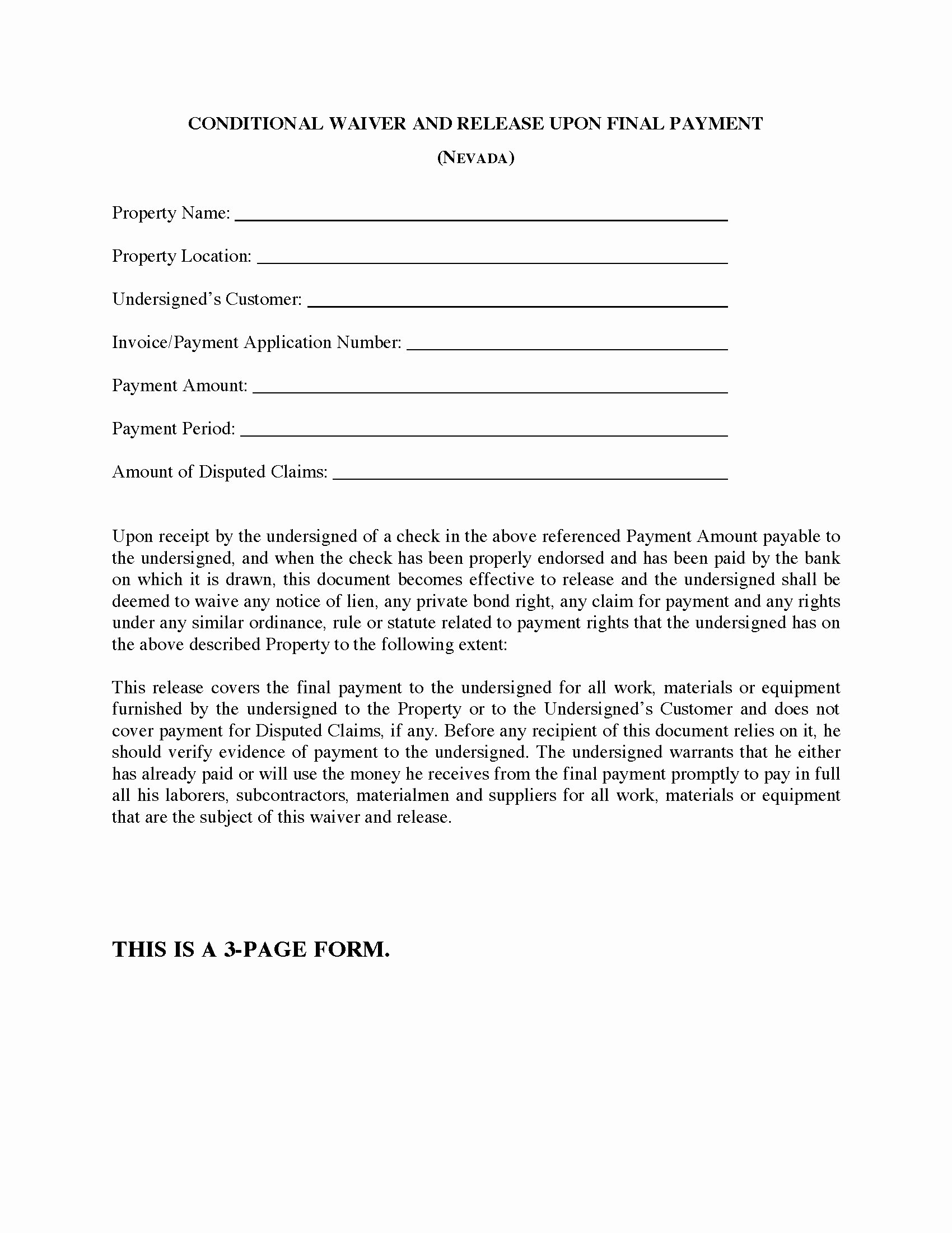 Final Lien Waiver Template New Nevada Conditional Waiver and Release Of Lien Upon Final