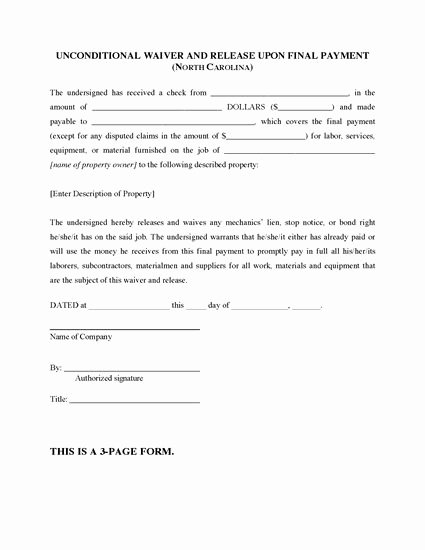 Final Lien Waiver Template New north Carolina Unconditional Lien Waiver and Release On