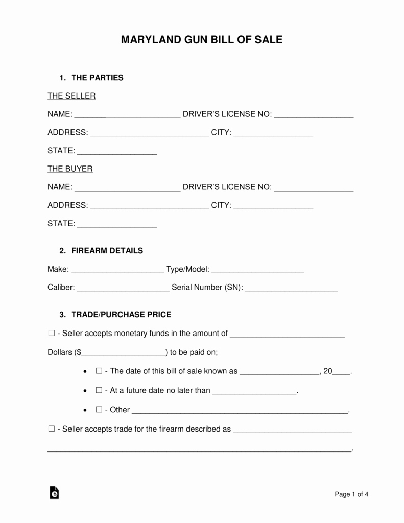 Firearms Bill Of Sale Template Awesome Free Maryland Gun Bill Of Sale form Word Pdf
