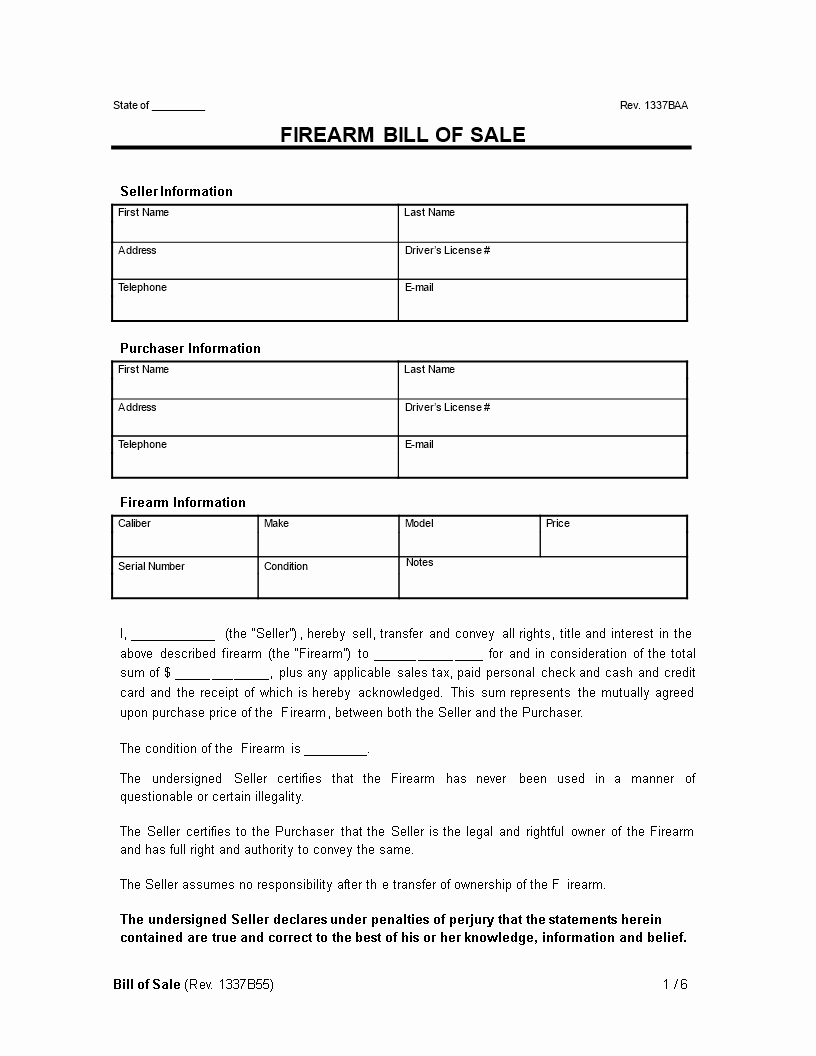 Firearms Bill Of Sale Template Elegant Bill Sale for Firearm Example