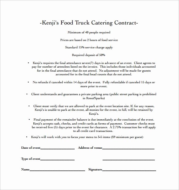Food Truck Contract Template Unique Free 13 Sample Catering Contract Templates In Pdf
