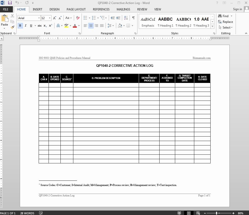 Free Corrective Action Plan Template Awesome Corrective Action Log iso Template