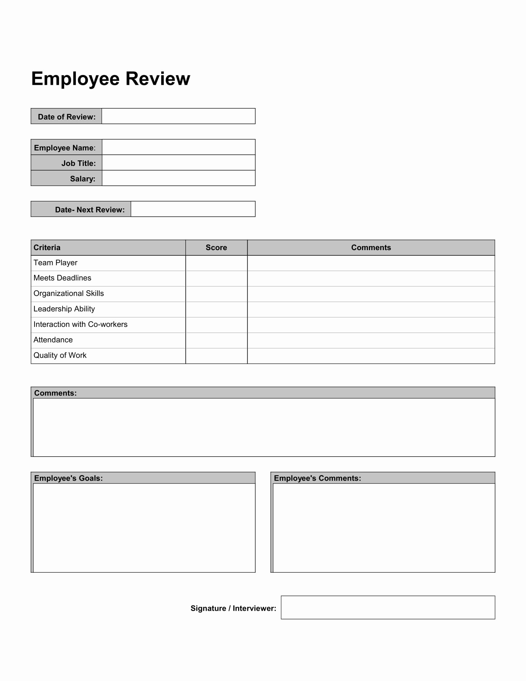 Free Employee Performance Review Template Elegant Free 10 Work Review forms In Pdf