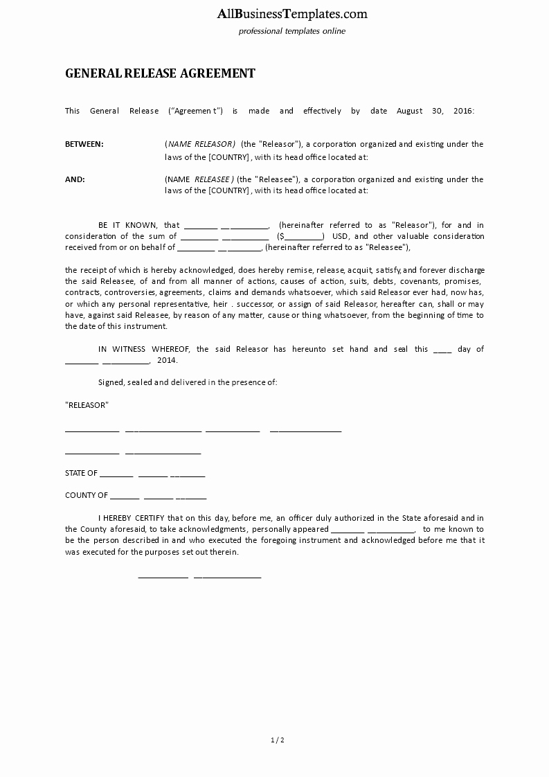 Free General Release form Template Beautiful General Release form