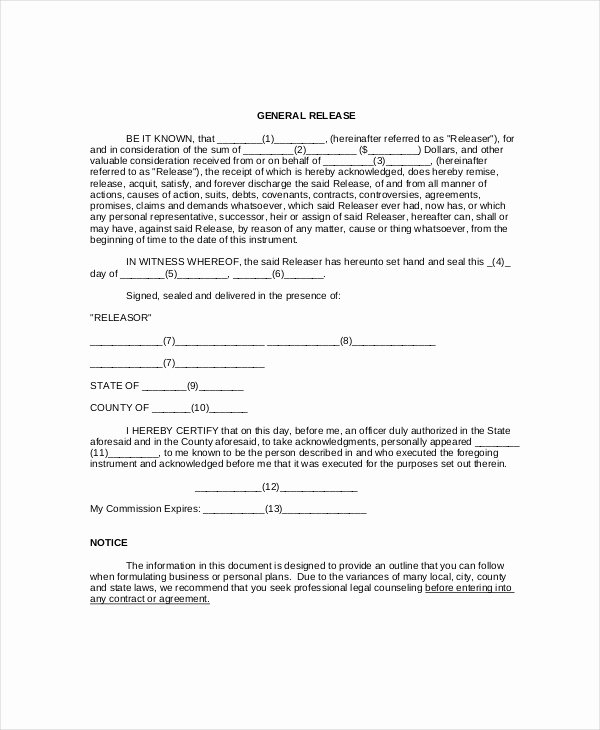 Free General Release form Template Fresh Free 11 Sample General Release forms In Pdf