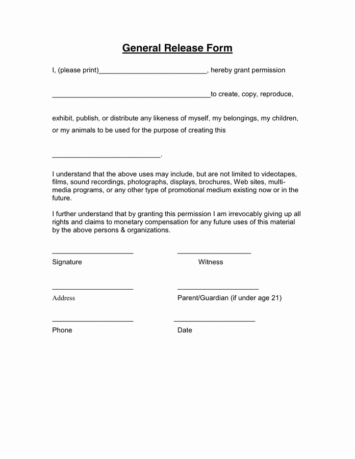 Free General Release form Template Inspirational General Release form In Word and Pdf formats