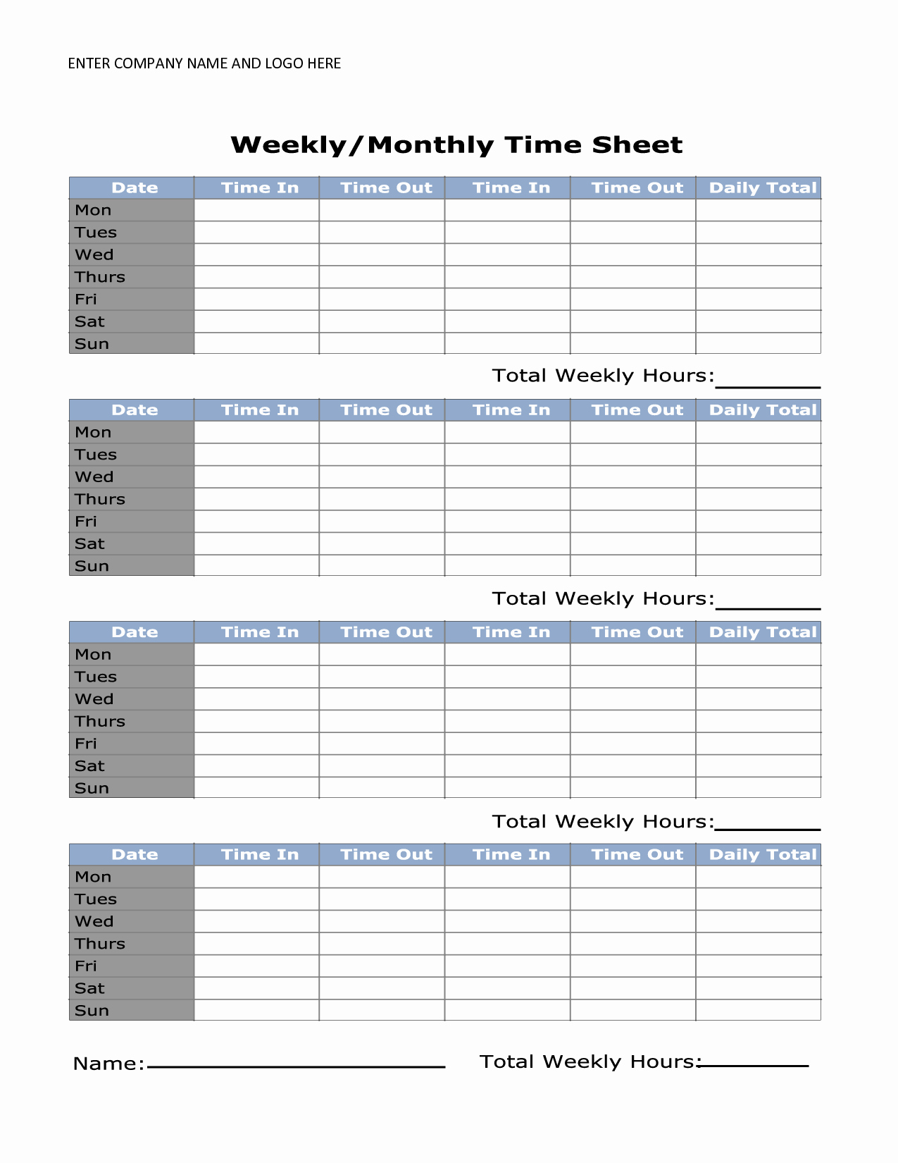 Free Monthly Timesheet Template New 8 Best Of Printable Monthly Time Sheets Free
