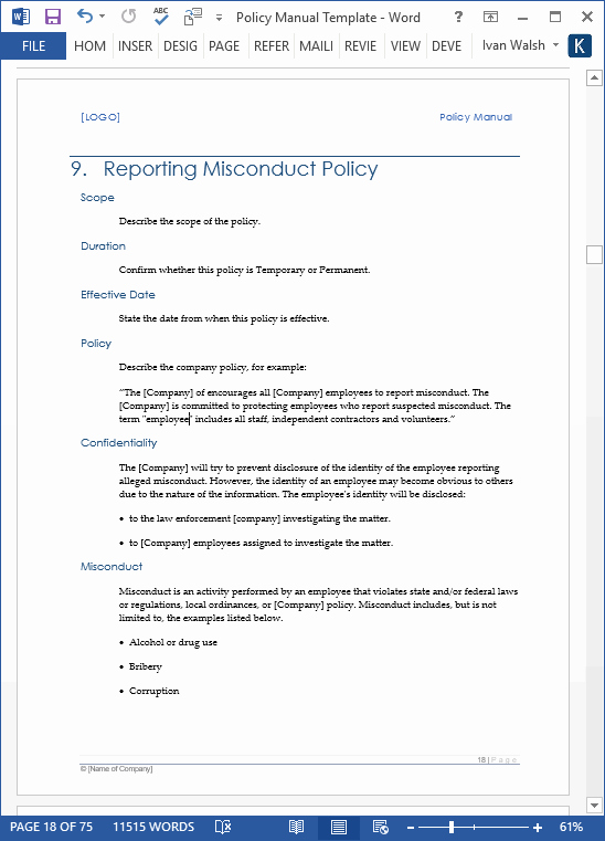 Free Office Procedures Manual Template New Policy Manual Template Ms Word Excel – Templates forms