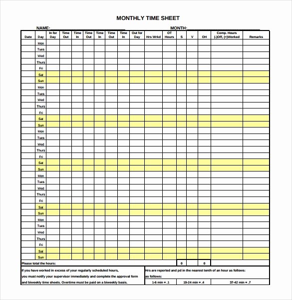 Free Printable Monthly Timesheet Template Awesome 26 Monthly Timesheet Templates Free Sample Example