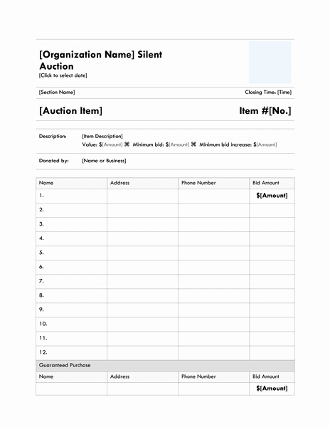 Free Printable Silent Auction Templates Inspirational Free Silent Auction Bidding Sheet Template From Microsoft