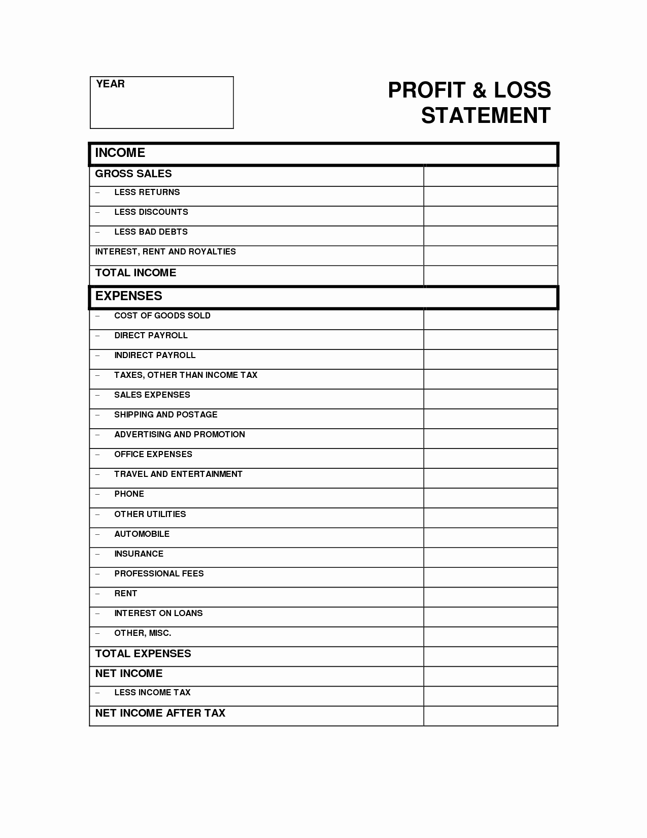 Free Profit and Loss Template Lovely Printable Blank Profit and Loss Statement