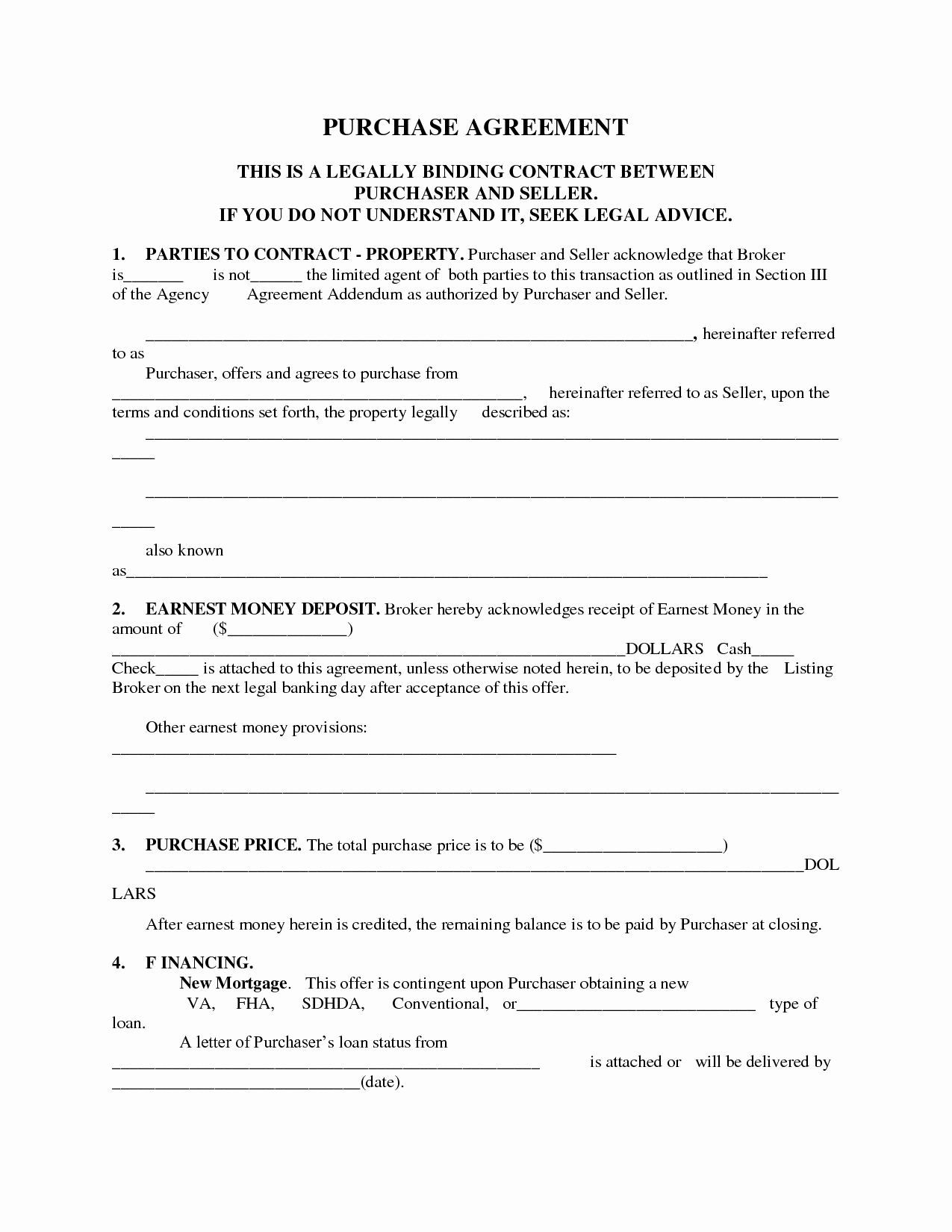Free Purchase Agreement Template Elegant Printable Home Purchase Agreement