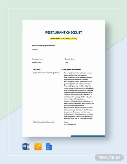 Free Restaurant Checklist Templates Fresh Sample Restaurant Checklist Template 25 Free Documents