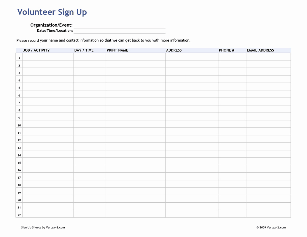 Free Sign Up Sheet Template Inspirational Free Printable Volunteer Sign Up Sheet Pdf From Vertex42
