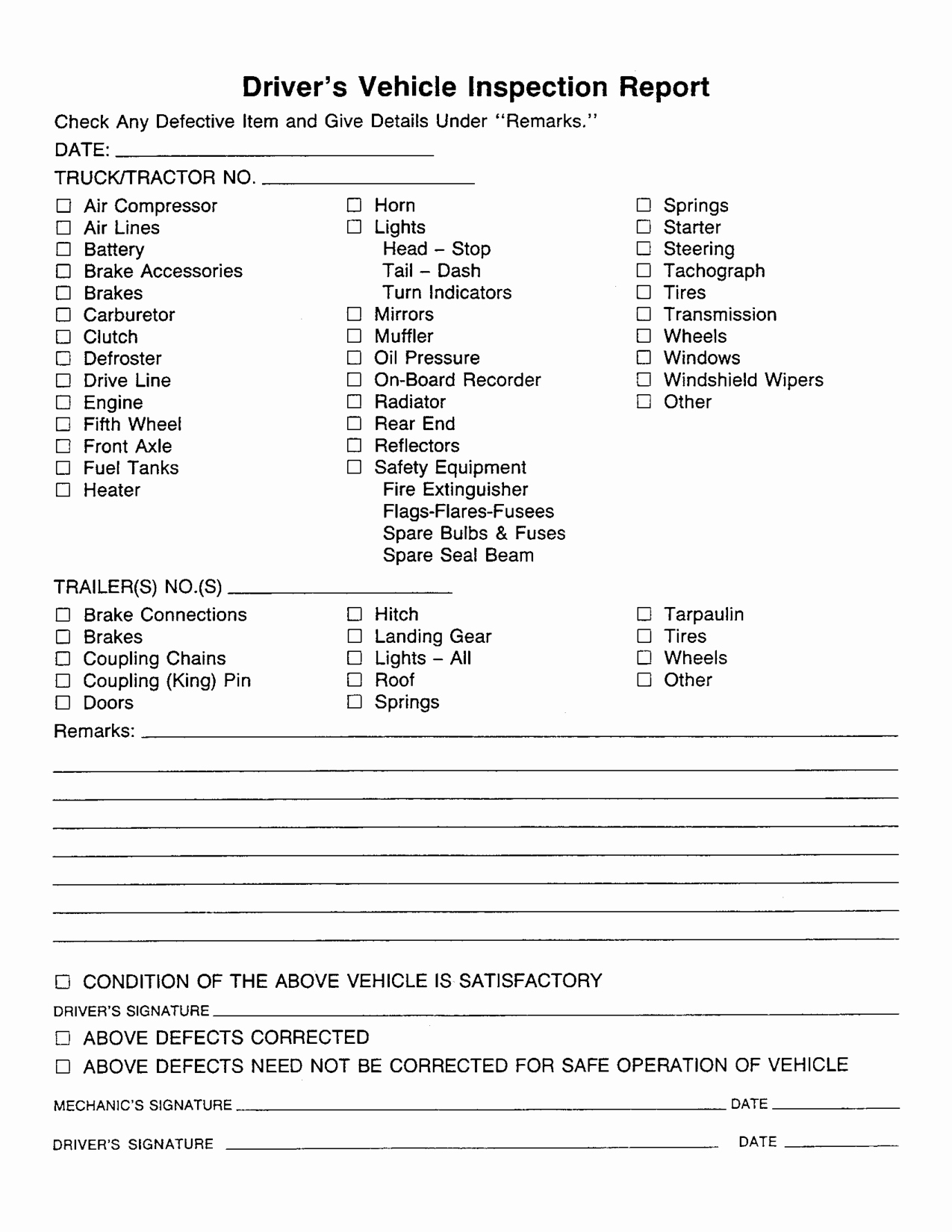 Free Vehicle Inspection form Template Awesome Drivers Vehicle Inspection Report Template