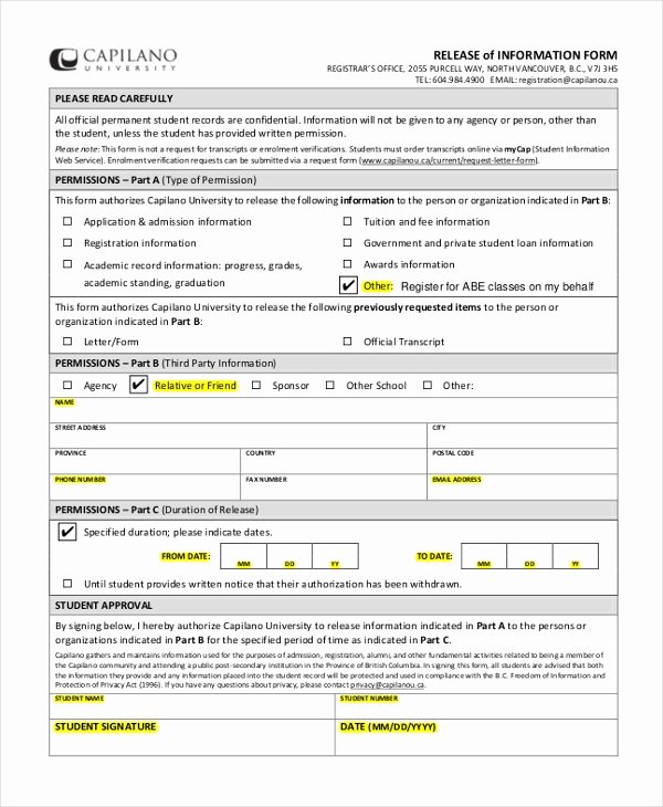 General Release form Template Fresh Sample Release Of Information form 12 Free Documents In Pdf