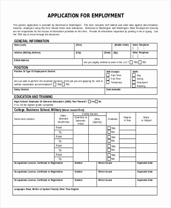 Generic Job Application Template Beautiful Sample Employment Application form 11 Free Documents In