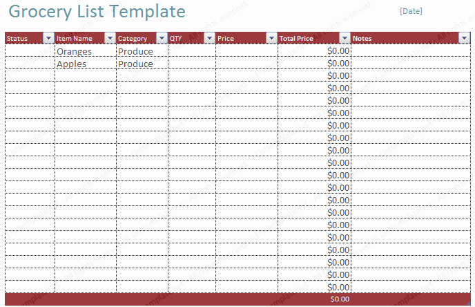 Grocery List Template Excel Awesome Blank Grocery List Template Excel