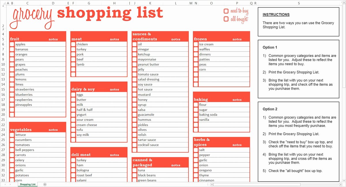 Grocery List Template Excel Beautiful Grocery Shopping List Excel Template – Savvy Spreadsheets