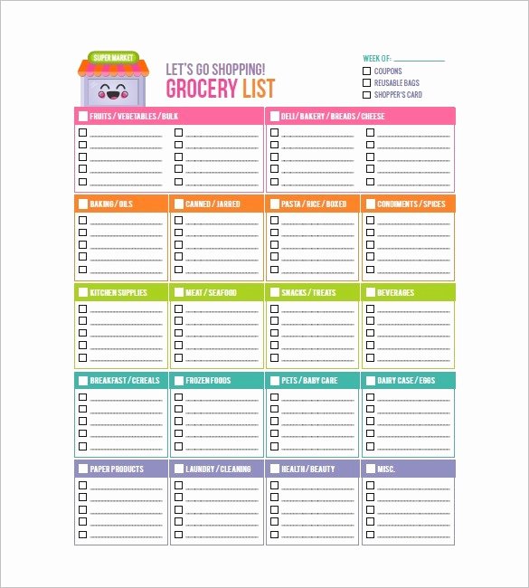 Grocery List Template Excel Inspirational Blank Grocery List Pdf