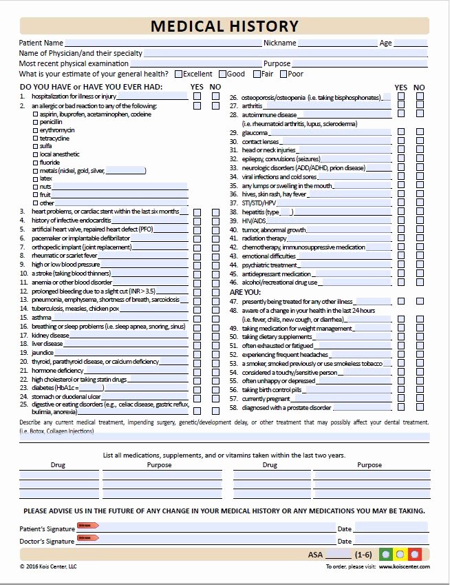 Health History form Template Fresh Medical History forms Kois Center