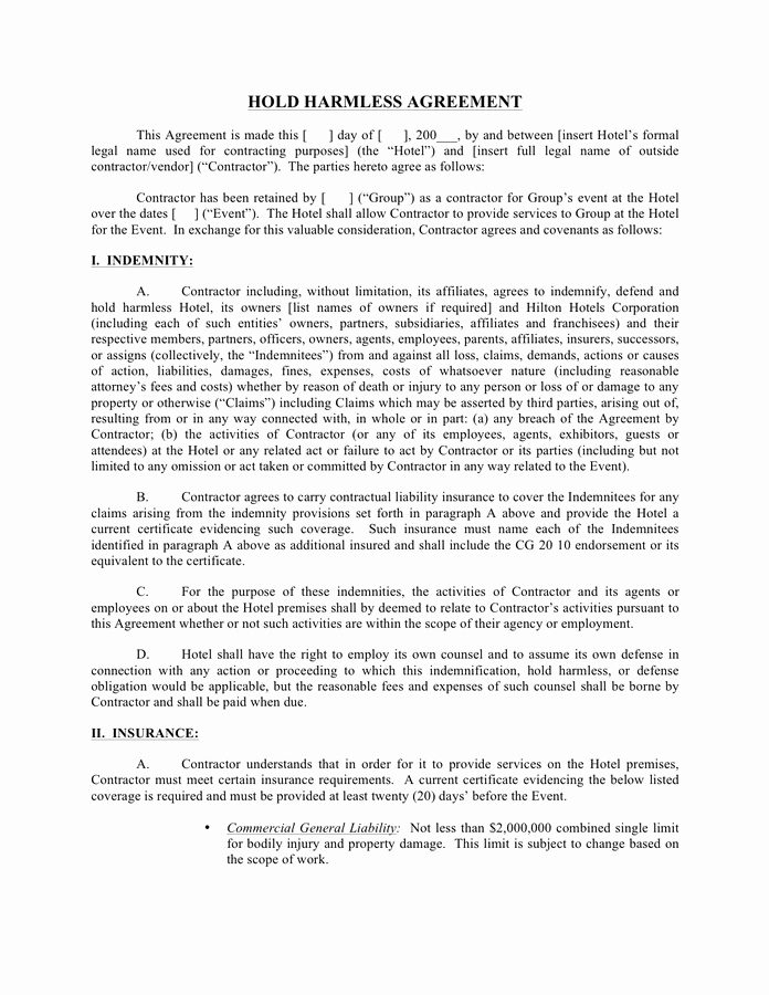 Hold Harmless Agreement Template Best Of Hold Harmless Agreement Free Documents for Pdf