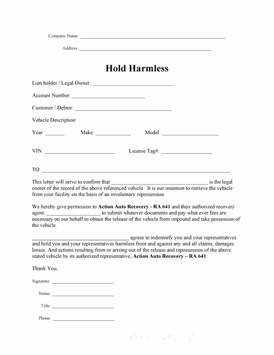 Hold Harmless Agreement Template Unique 40 Hold Harmless Agreement Templates Free Template Lab