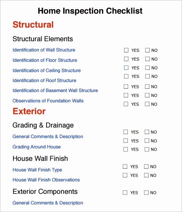 Home Inspection Checklist Template Best Of Free 10 Sample Home Inspection Checklist Templates In
