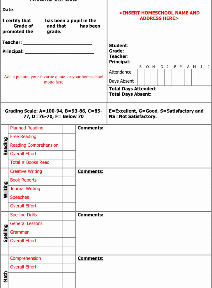 Homeschool Report Card Template Free Lovely Report Card Template 1 Homeschooling