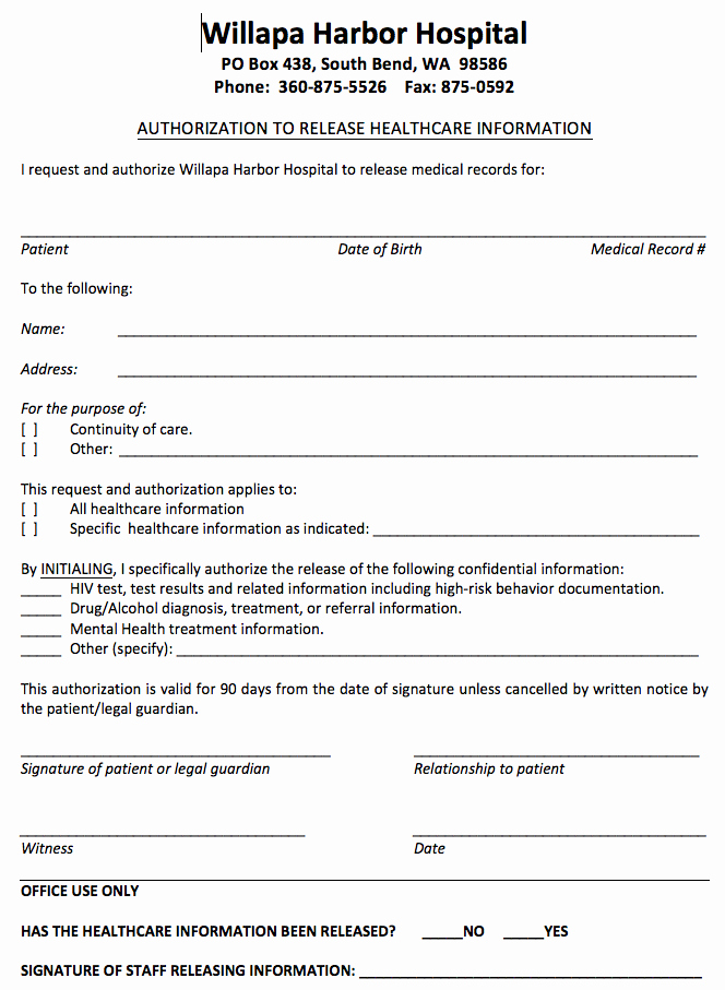 Hospital Discharge forms Templates Best Of Release Of Information form Willapa Harbor Hospital
