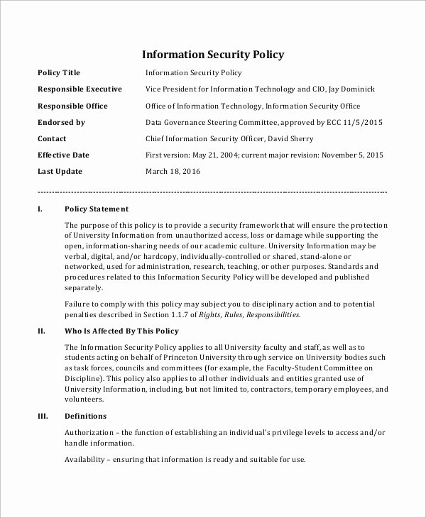 Information Security Policy Template New Security Policy Sample 8 Examples In Word Pdf