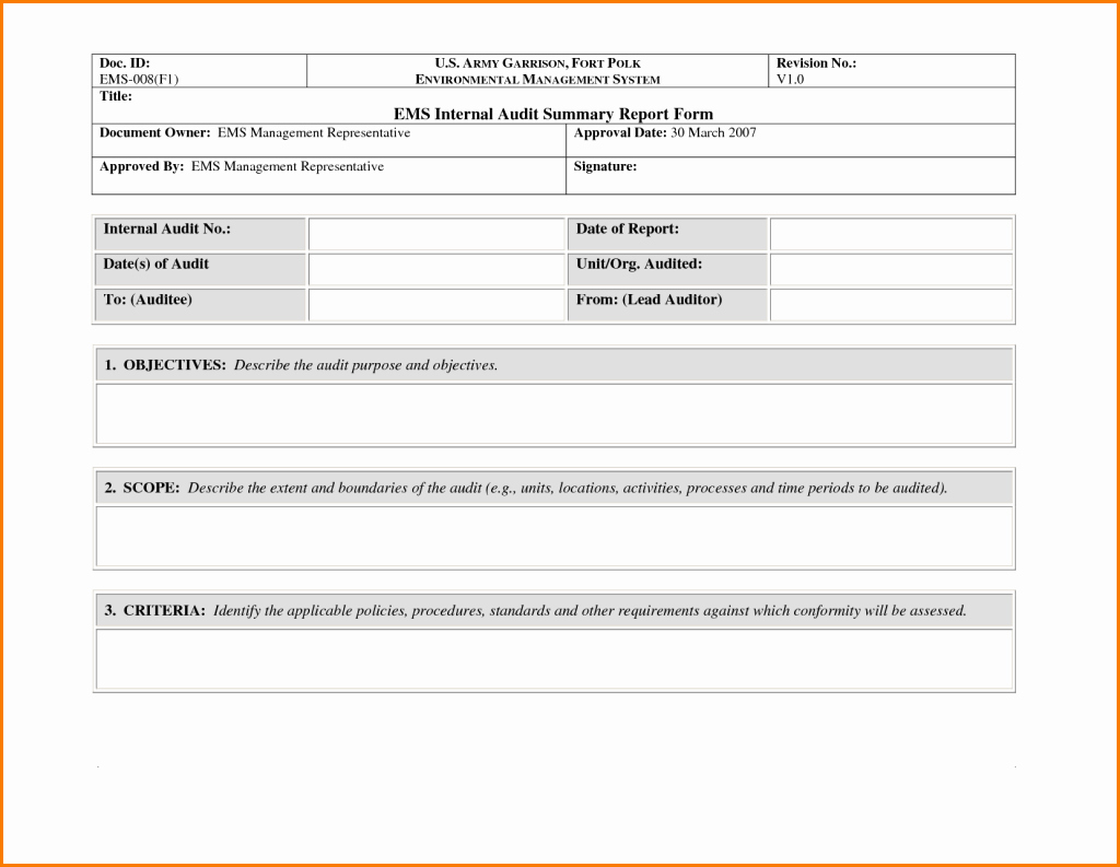 Internal Audit Report Template Beautiful Interesting Ems Internal Audit Summary Report form Example